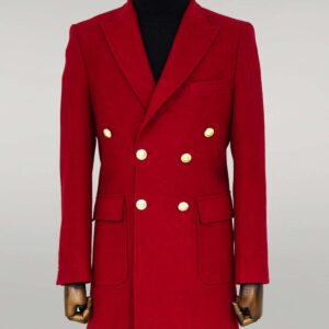 Metal Buttoned Double Breasted Burgundy Men Coat - Wessi