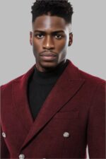 Metal Buttoned Double Breasted Burgundy Men Long Coat