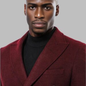 Metal Buttoned Double Breasted Burgundy Men Long Coat - Wessi