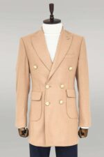 Metal Buttoned Double Breasted Cream Men Coat