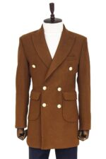Metal Buttoned Double Breasted Tan Men Coat
