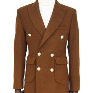 Metal Buttoned Double Breasted Tan Men Coat - Wessi