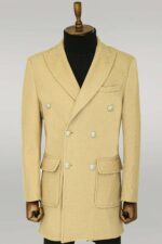 Metal Buttons Wool Cashmere Beige Men Double Breasted Coat