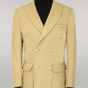 Metal Buttons Wool Cashmere Beige Men Double Breasted Coat - Wessi