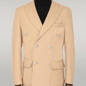 Metal Buttons Wool Cashmere Cream Men Double Breasted Coat - Wessi