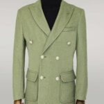Metal Buttons Wool Cashmere Green Men Double Breasted Coat - Wessi