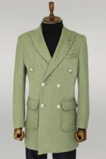 Metal Buttons Wool Cashmere Green Men Double Breasted Coat