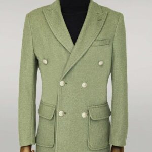Metal Buttons Wool Cashmere Green Men Double Breasted Coat - Wessi