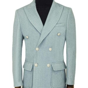 Metal Buttons Wool Cashmere Light Blue Men Double Breasted Coat - Wessi