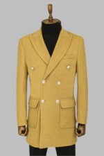 Metal Buttons Wool Cashmere Tan Men Double Breasted Coat