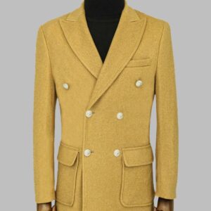 Metal Buttons Wool Cashmere Tan Men Double Breasted Coat - Wessi