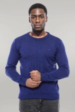 Navy Blue Crew Neck Embroidered Plain Knitwear