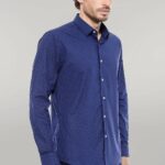 Navy Blue Floral Patterned Slim Fit Shirt - Wessi