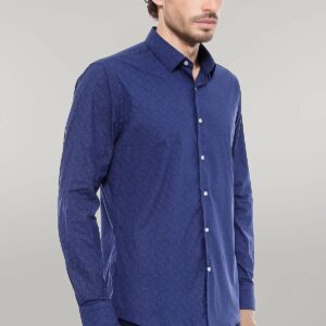 Navy Blue Floral Patterned Slim Fit Shirt - Wessi