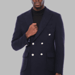Navy Blue Metal Buttoned Double Breasted Long Coat - Wessi