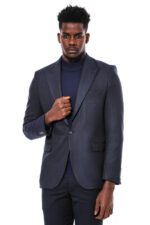 Navy Blue Patterned Slim-Fit Blazer