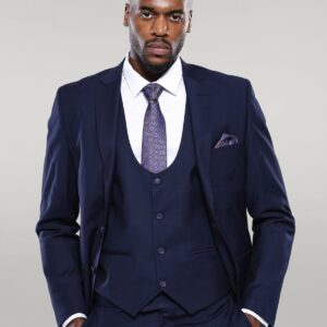 Navy Blue Plain 3-Piece Suit with Vest | Wessi