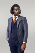 Navy Blue Self-Patterned Vested Suit