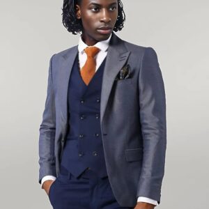 Navy Blue Self-Patterned Vested Suit | Wessi