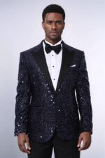 Navy-Blue-Sequin-Patterned-Party-Blazer-Wessi-1