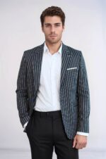 Navy Blue Striped Slim-Fit Blazer