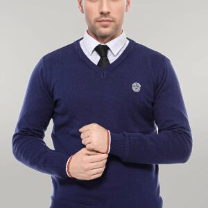 Navy Blue V Neck Slim Fit Men Sweater - Wessi