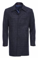 Navy Checked Hidden Button Peak Lapel Coat