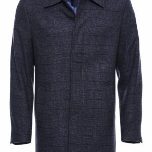 Navy Checked Hidden Button Peak Lapel Coat - Wessi