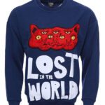 Navy Circle Neck Cat Printed Sweatshirt - Wessi