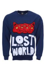 Navy Circle Neck Cat Printed Sweatshirt
