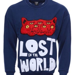 Navy Circle Neck Cat Printed Sweatshirt - Wessi
