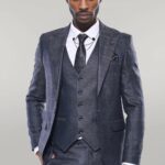 Navy Patterned Vested Suit | Wessi