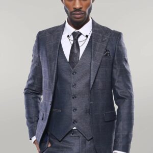 Navy Patterned Vested Suit | Wessi