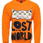 Orange Circle Neck Cat Printed Sweatshirt - Wessi