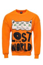 Orange Circle Neck Cat Printed Sweatshirt