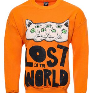 Orange Circle Neck Cat Printed Sweatshirt - Wessi