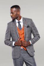 Orange Vested Checked Grey Men Suit