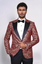 Paisley Peak Lapel Burgundy Men Singer Tuxedo Blazer