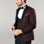 Patterned Blazer Plain Vest and Trousers Claret Red Tuxedo - Wessi
