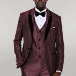 Patterned Burgundy Velvet Lapel Groom Suit - Wessi