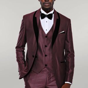 Patterned Burgundy Velvet Lapel Groom Suit - Wessi