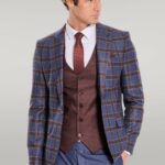 Patterned Checked Slim Fit Blue Men Suit - Wessi