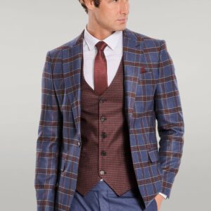 Patterned Checked Slim Fit Blue Men Suit - Wessi
