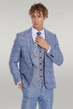 Patterned Checked Slim Fit Blue Men Suit