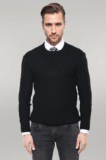 Patterned Circle Neck Black Sweater