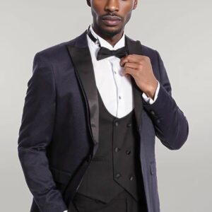 Patterned Combined Navy Blue Men Tuxedo - Wessi