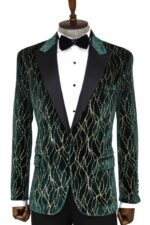 Patterned Dark Green Velvet Men Singer Tuxedo Blazer