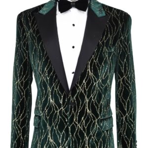 Patterned Dark Green Velvet Men Singer Tuxedo Blazer - Wessi