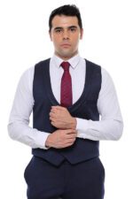 Patterned Double Breasted Dark Navy Men Vest Trousers Set