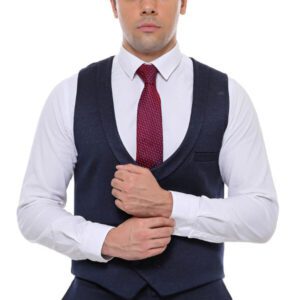 Patterned Double Breasted Dark Navy Men Vest Trousers Set - Wessi
